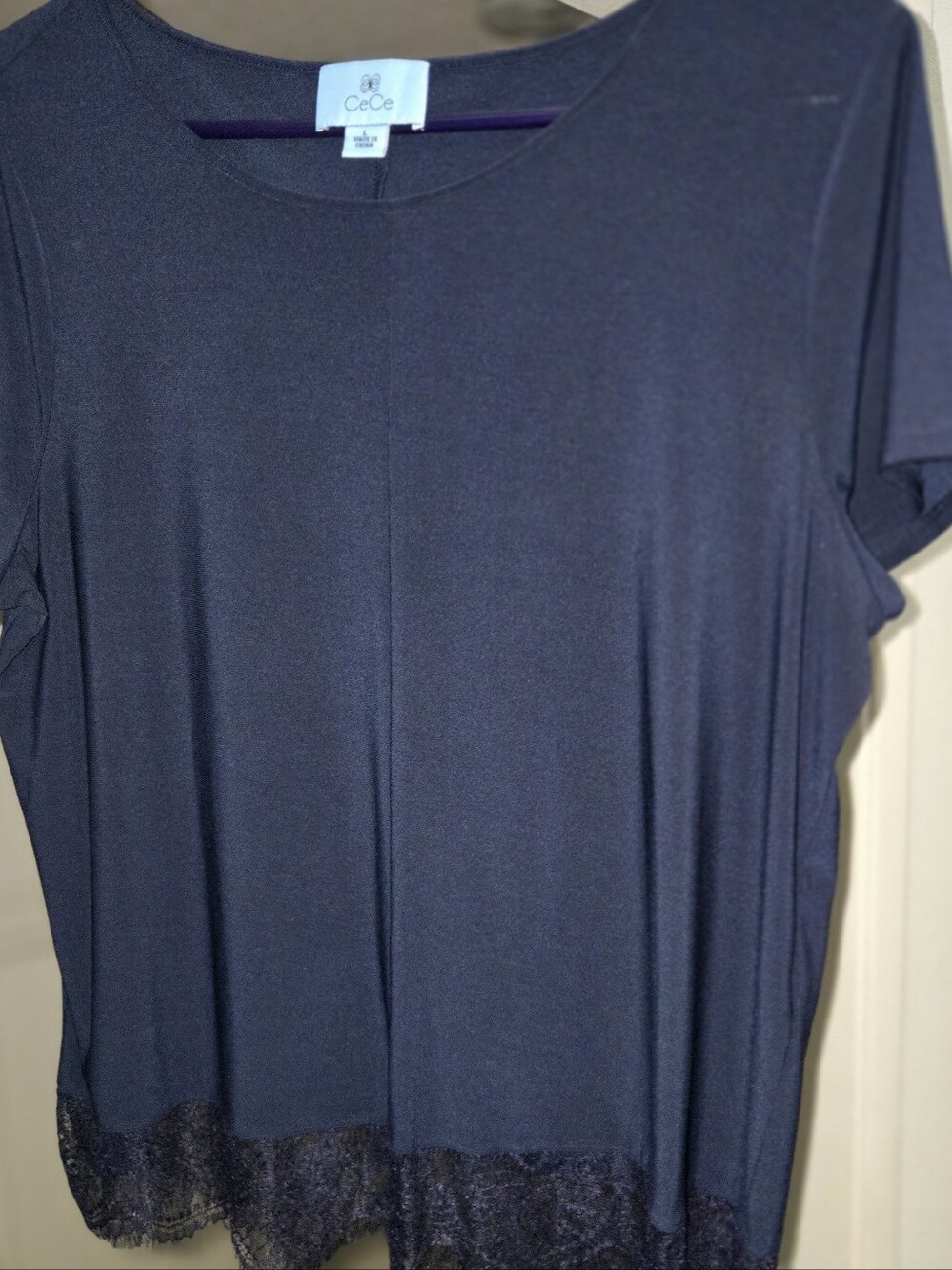 CeCe Navy Short Sleeve Tee with Lace Trim
